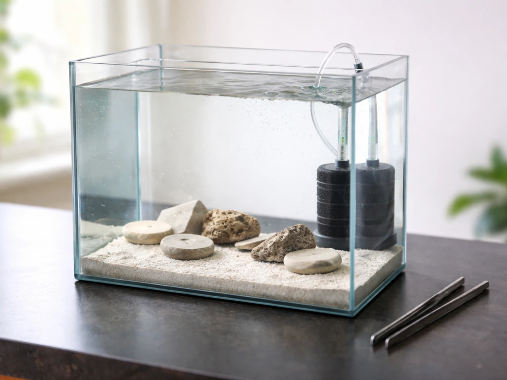 Small 5–10 gallon glass aquarium with prepared settlement surfaces for culturing hydroids at home.
