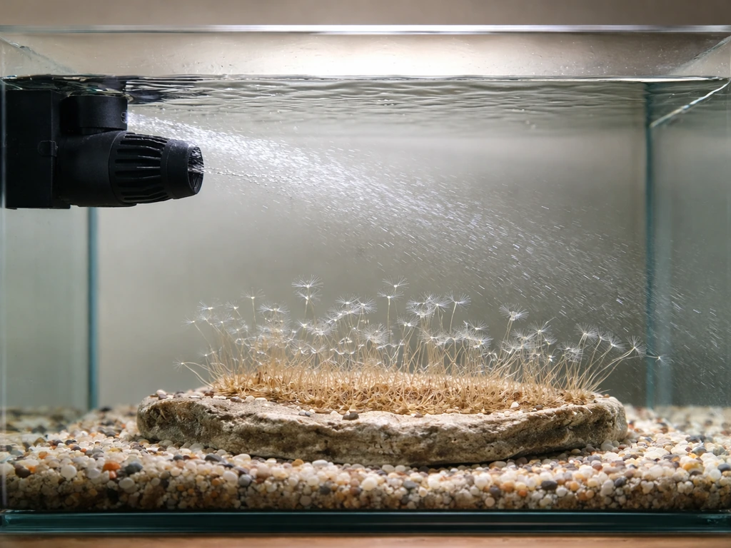 Glass aquarium with a small powerhead/bubbler creating steady current over hydroid-like polyps under moderate light.