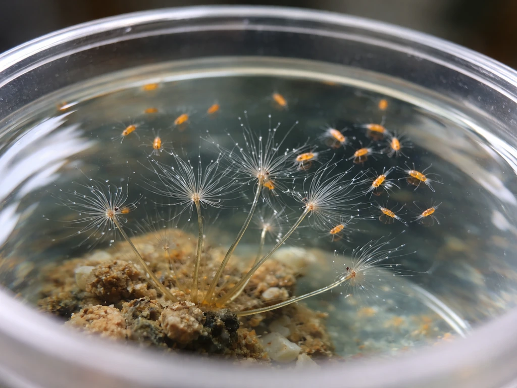 Close-up of hydroid tentacles reaching for Artemia nauplii in a clear aquarium culture vessel.
