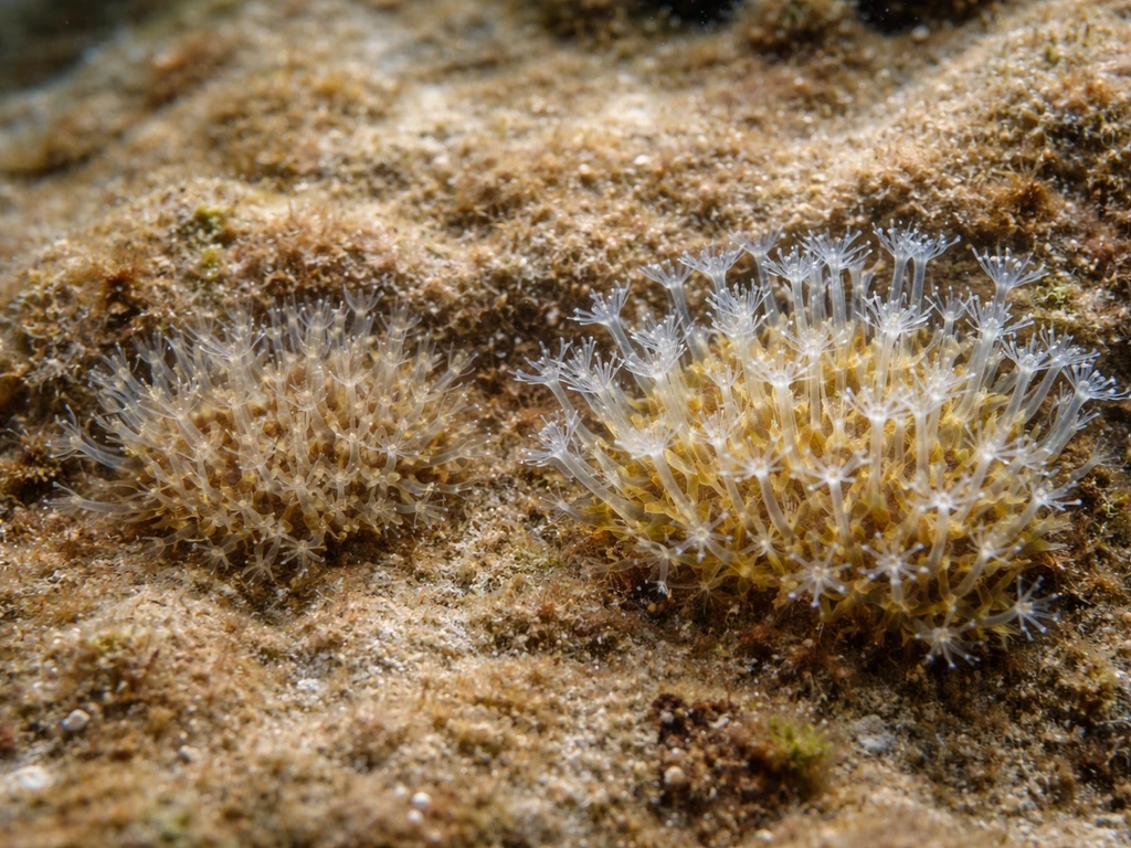 Underwater macro comparison of pale, retracted hydroids next to fuller, healthy ones on rock.