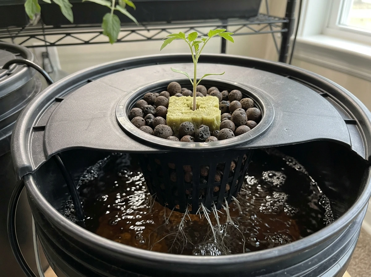 Rockwool cuttings in net pots with clay pebbles holding them upright