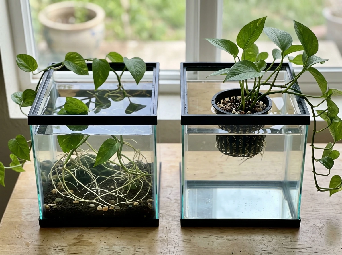 Side-by-side comparison of fully submerged pothos roots vs. semi-aquatic net-pot setup.