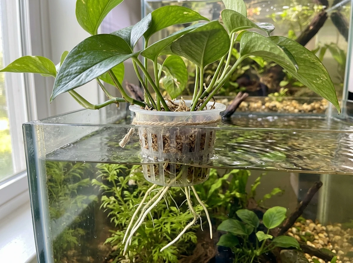 Net pot at the waterline holding pothos while roots hang into aquarium water.