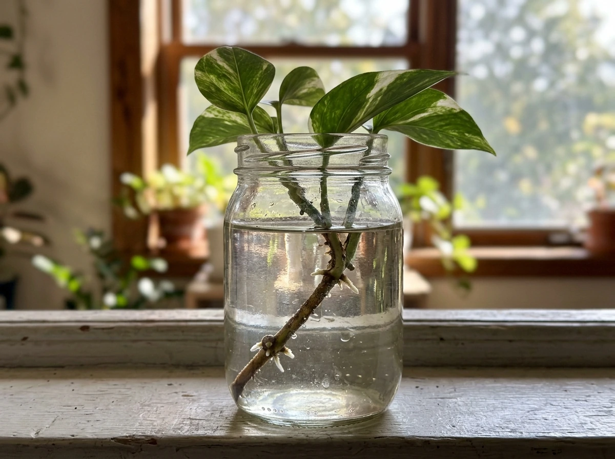 Pothos cutting rooting in a clear jar of plain water near a window.