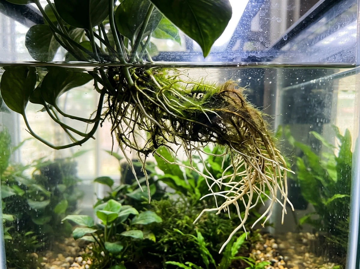 Algae coating pothos roots hanging in the fish tank water.