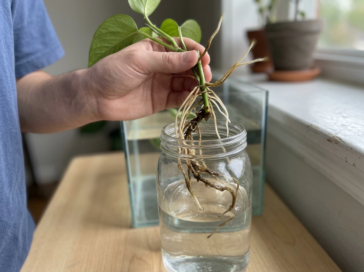 Brown, mushy pothos roots indicating root rot near the stem base.