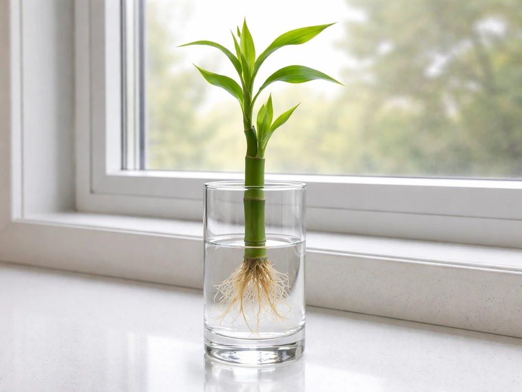 Side view of lucky bamboo in a clear vase with roots submerged 1–2 inches and stem above waterline.