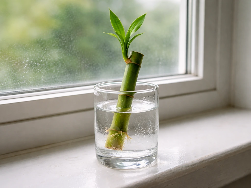 Fresh lucky bamboo cutting submerged in clear water with small roots beginning to form.