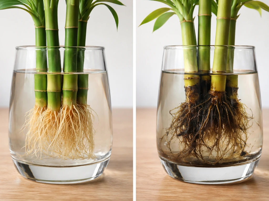 Split view of healthy pale roots versus dark mushy rotten roots in a clear water container.
