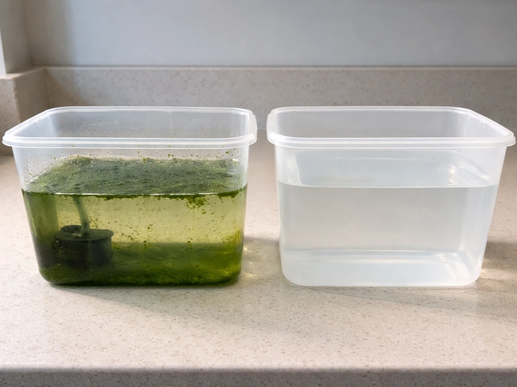 Close-up of a clear container with green algae slime, beside a clean opaque container with fresh water