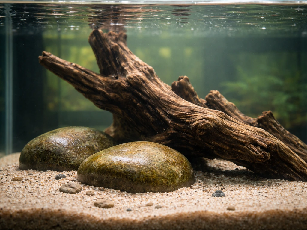Clear aquarium with driftwood and rocks showing a subtle biofilm film, minimal and uncluttered view.