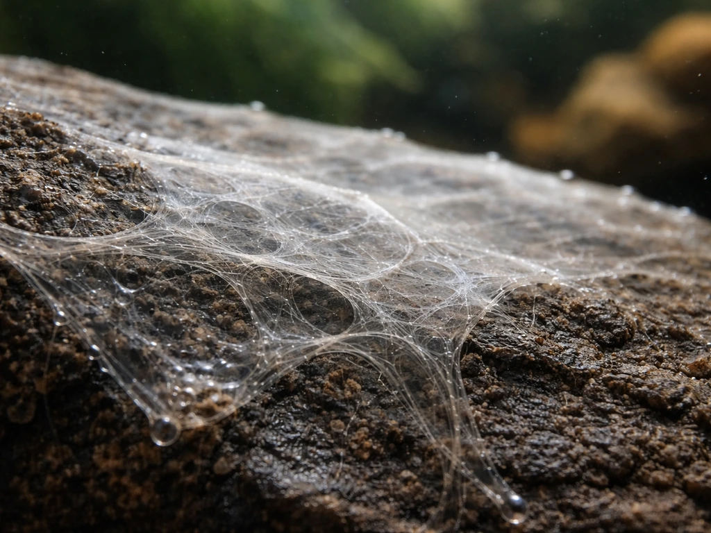 Macro close-up of aquarium biofilm on glass or rock, showing sticky web-like matte film.