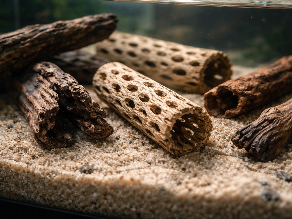 Close-up of driftwood and cholla pieces in an aquarium, highlighting porous texture and grain.