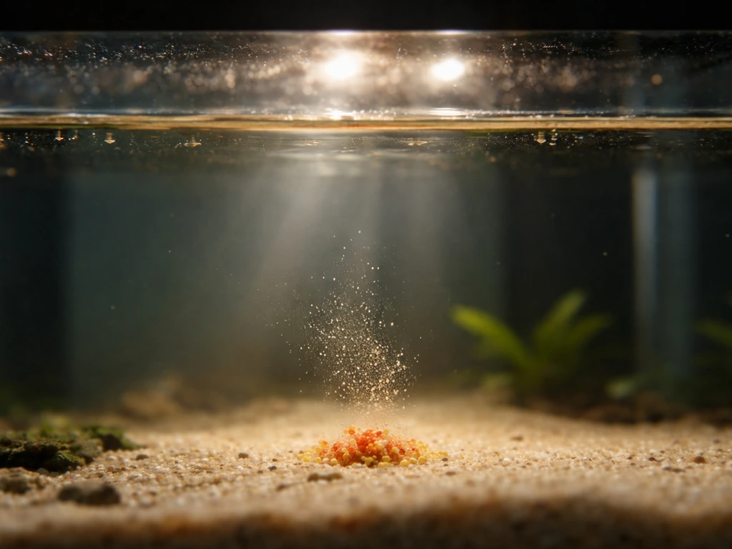 Close-up of aquarium glass with gentle water movement, floating biofilm-like debris, and aquarium lights on a timer