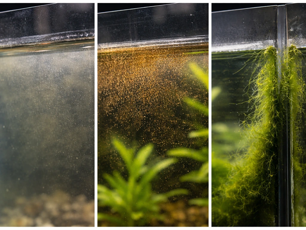 Close-up split view of three tank surface textures: matte biofilm, brown powdery diatoms, and green tufty algae.