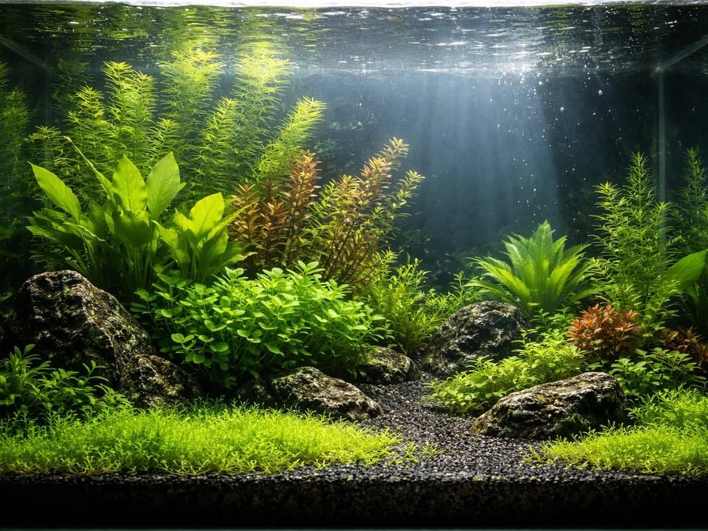 Wide view of a thriving natural planted aquarium with multiple healthy plant species and clear water.