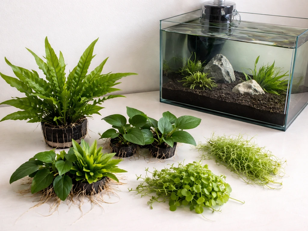Overhead view of beginner aquarium plants beside a small planted tank setup with soft natural light.