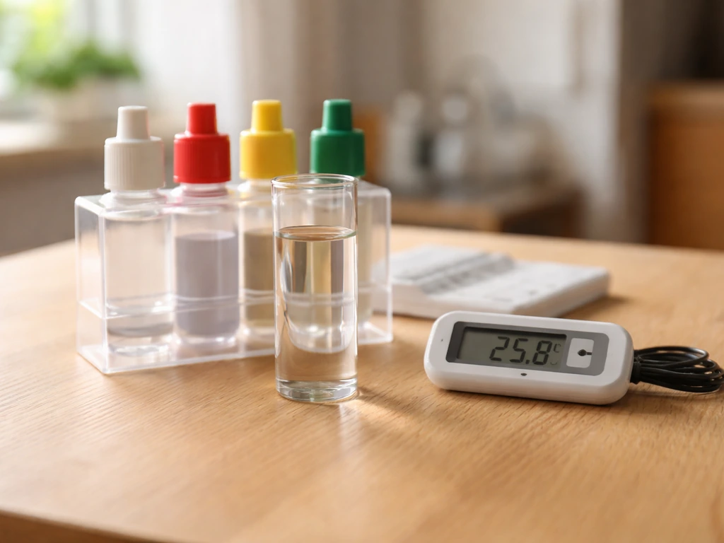 Aquarium water test kit and thermometer on a wooden table in natural light.