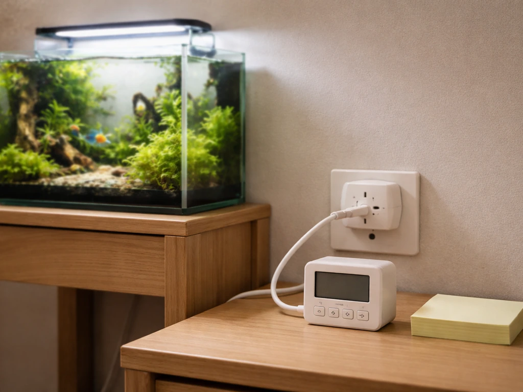 Planted aquarium beside a smart plug and simple timer, showing reduced lighting schedule for weeks 1–3.