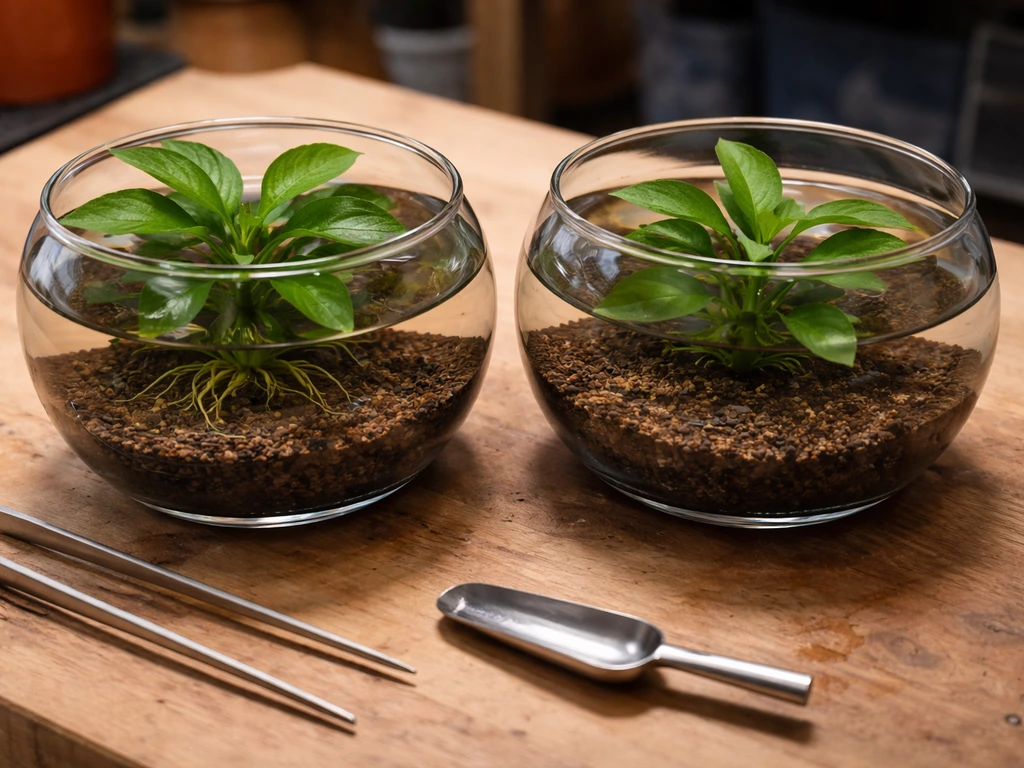 Side-by-side aquarium planting setups showing correct rhizome placement vs incorrect burying.