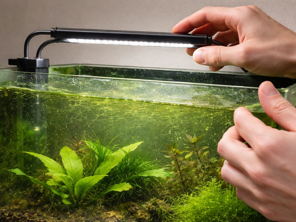 Green algae film covering plants and glass in a planted aquarium as someone adjusts the light.