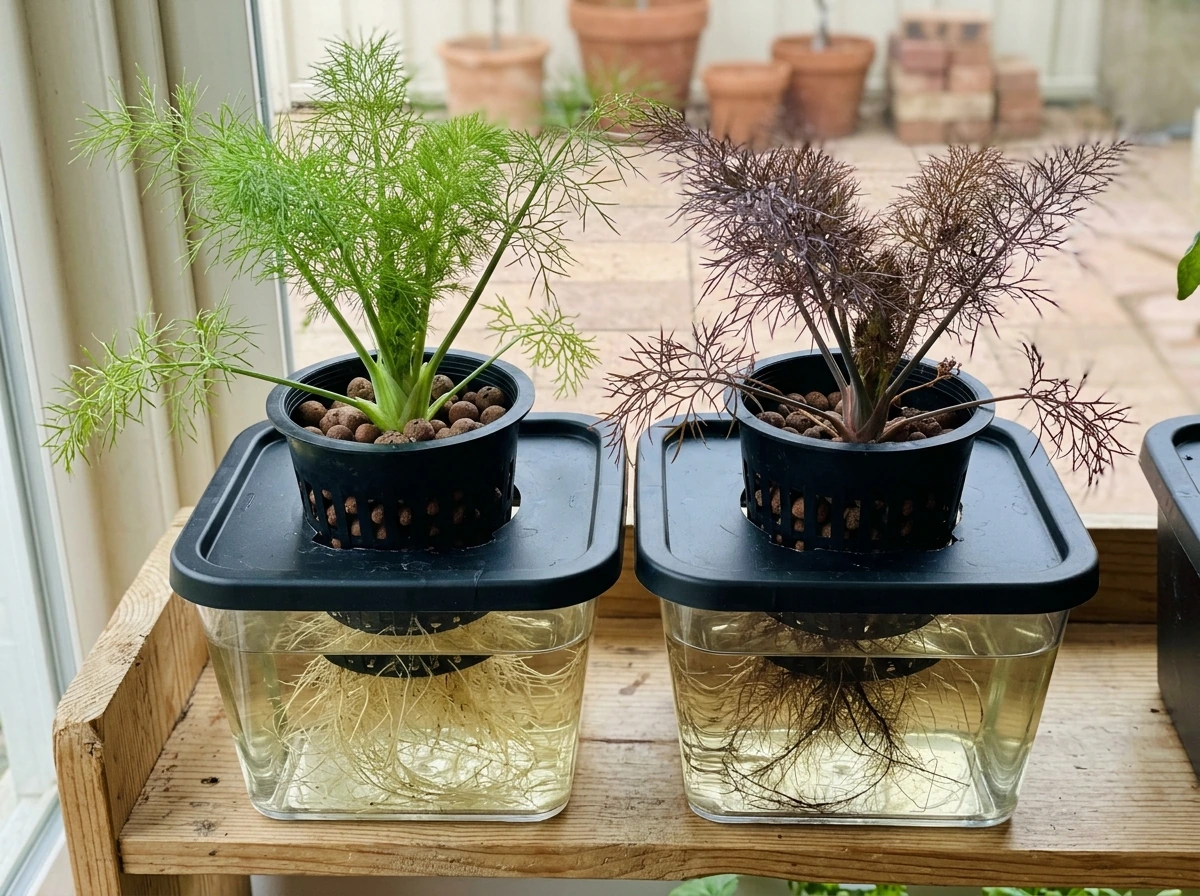 Herb-type fennel varieties (green and bronze) growing in separate DWC buckets with roots in water