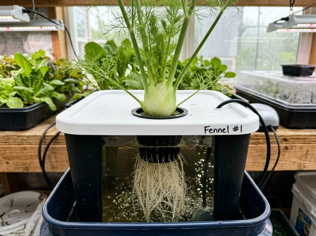 Florence fennel in DWC showing early bulb thickening with roots hanging in nutrient water