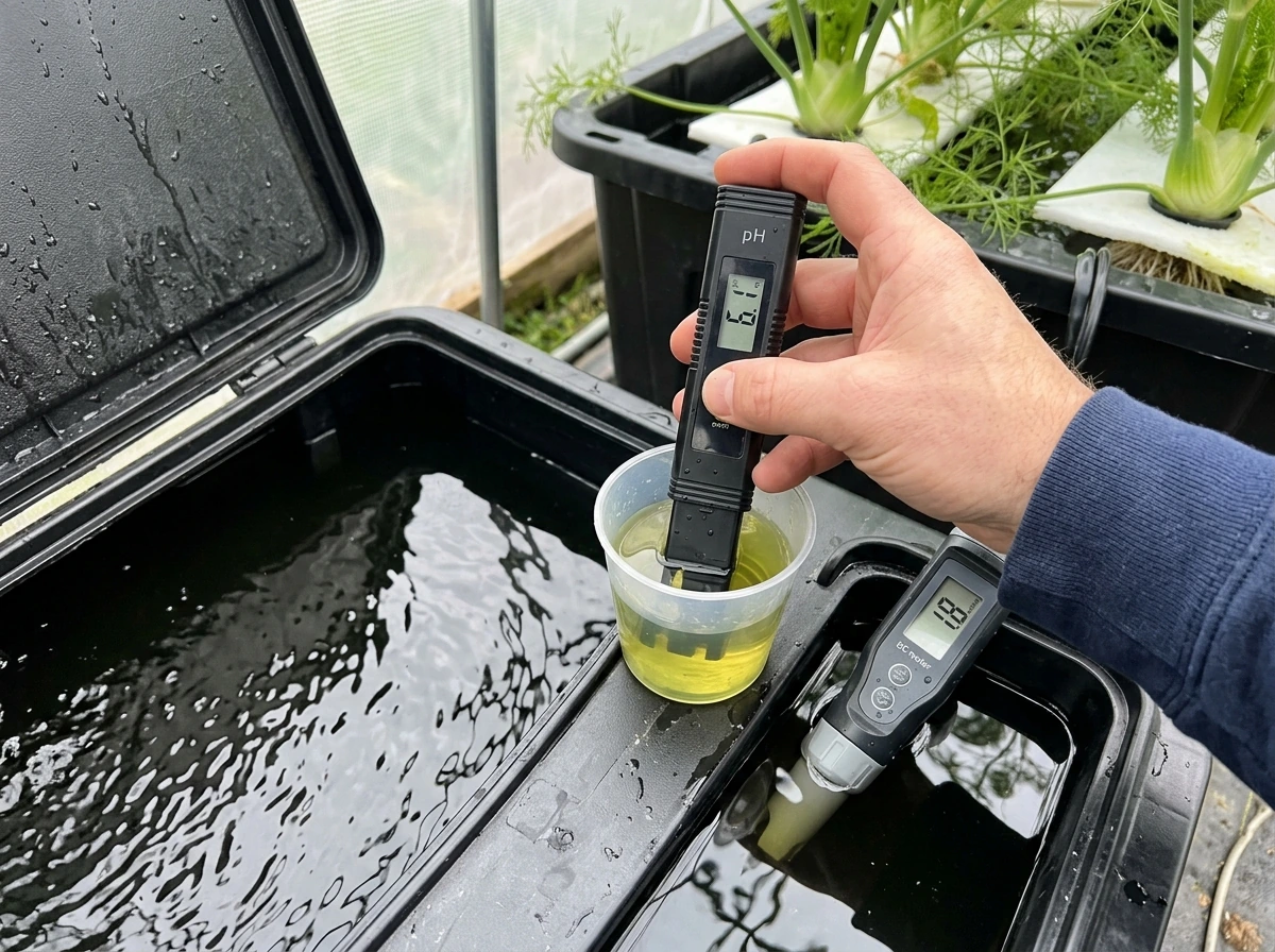 Testing hydroponic nutrient solution for pH and EC next to a fennel reservoir