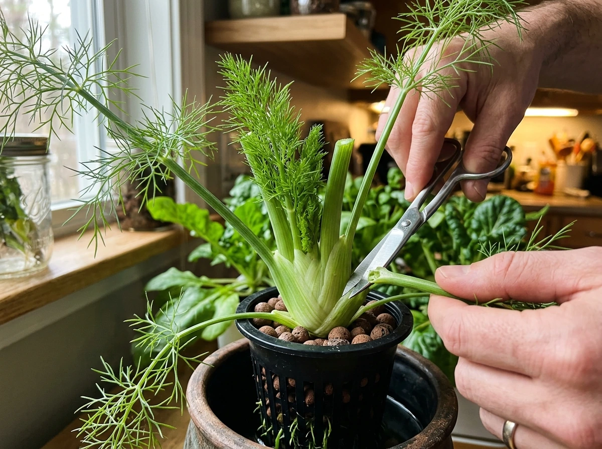 Snipping fennel outer fronds while leaving the central growing tip intact