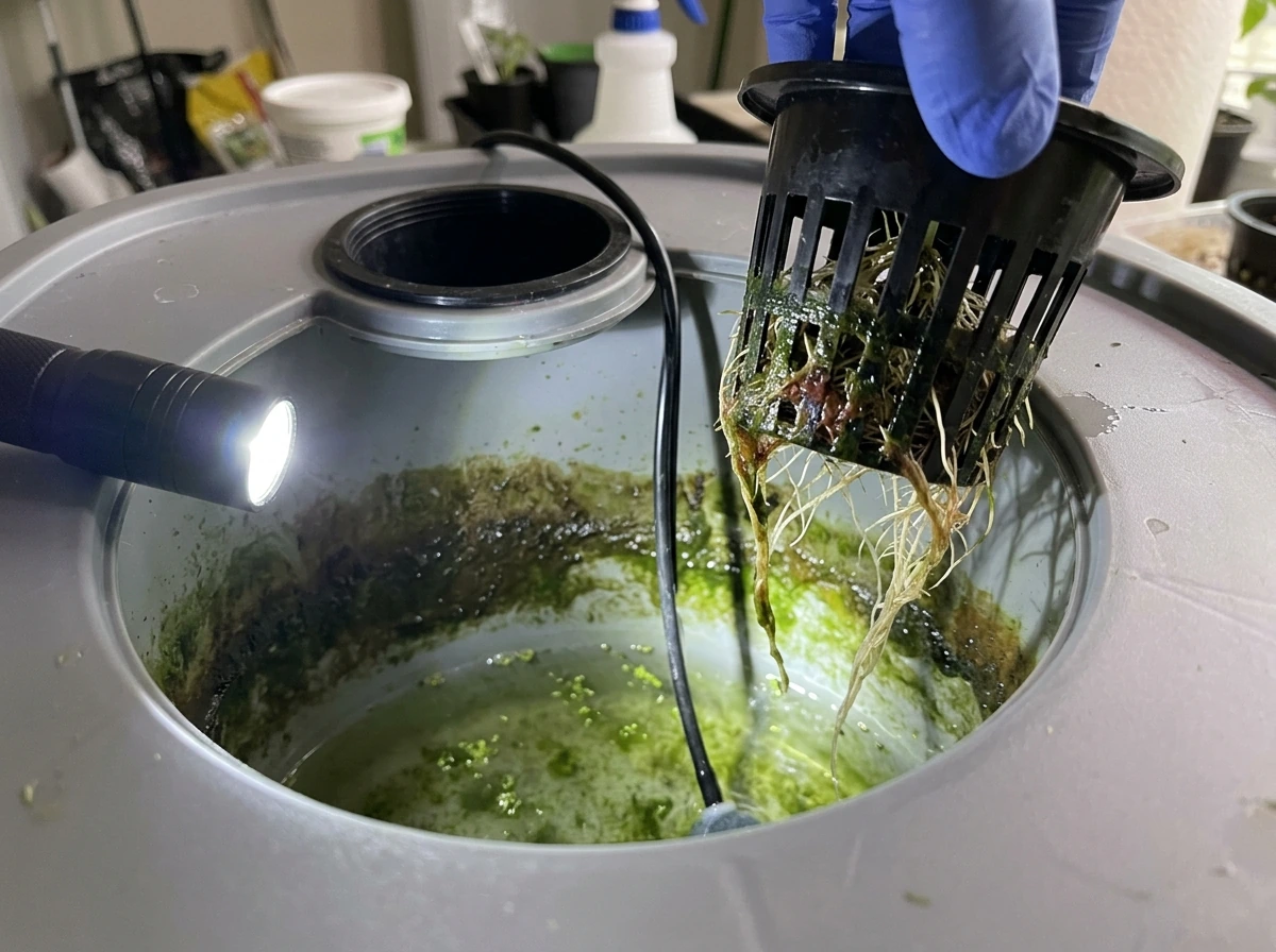 Algae buildup inside a hydroponic fennel reservoir around the root zone