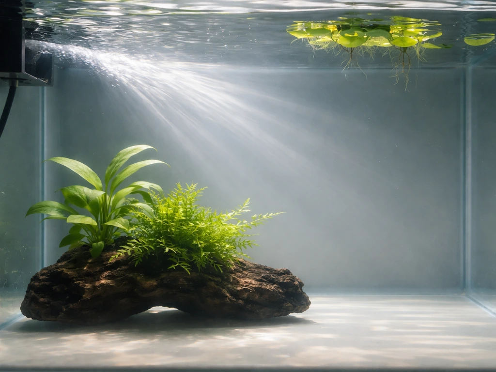 Bare-bottom aquarium with driftwood and floating plants, filter creating gentle water flow under natural light.