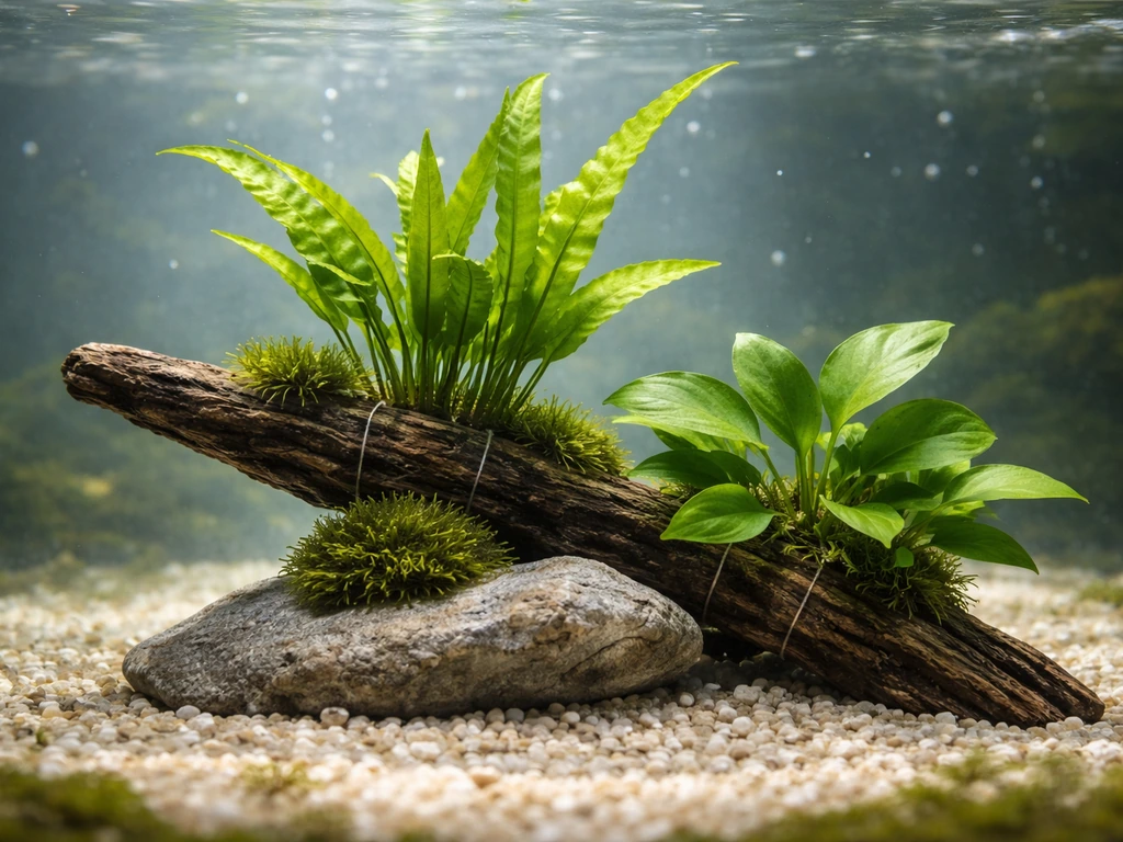 Java fern and Anubias attached to driftwood and rock in an aquarium, tied with thin cotton thread.