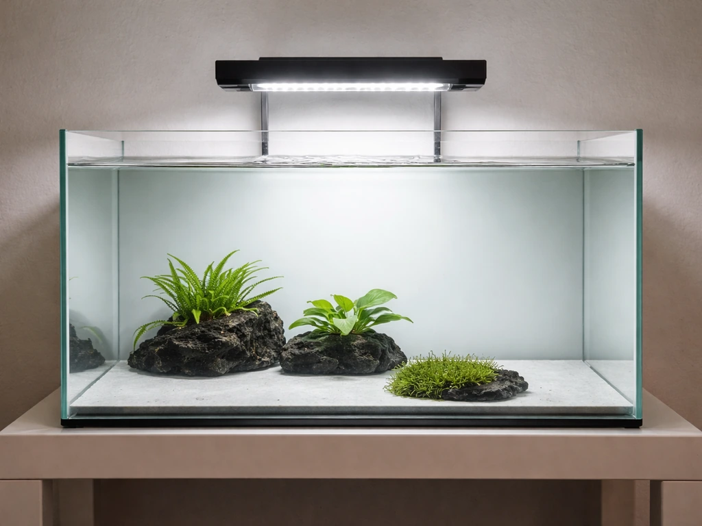 Bare-bottom aquarium tank with an LED light overhead and low-light plants on rock, no substrate visible.
