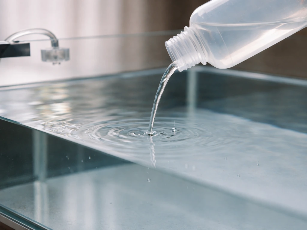 Droplets of liquid fertilizer being poured into a bare-bottom aquarium, showing nutrients added to the water.