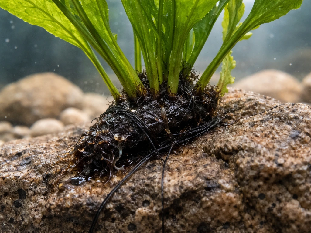 Close-up of a Java fern with a black, mushy rhizome base next to clean aquarium rocks.