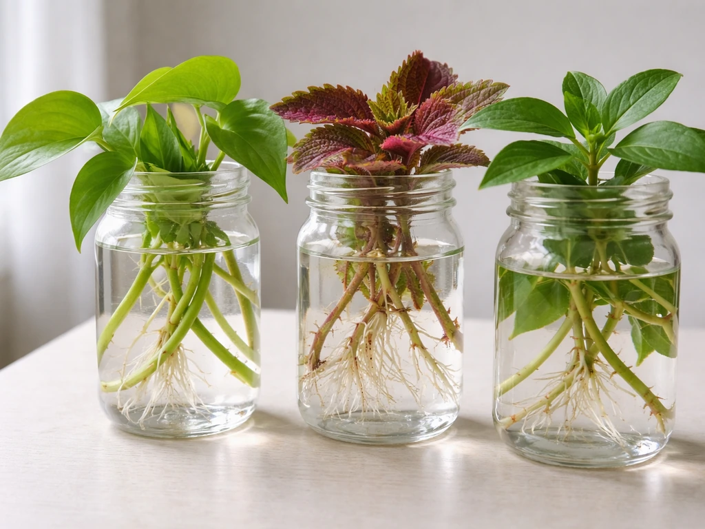 Three glass jars with green cuttings rooting in water on a simple tabletop