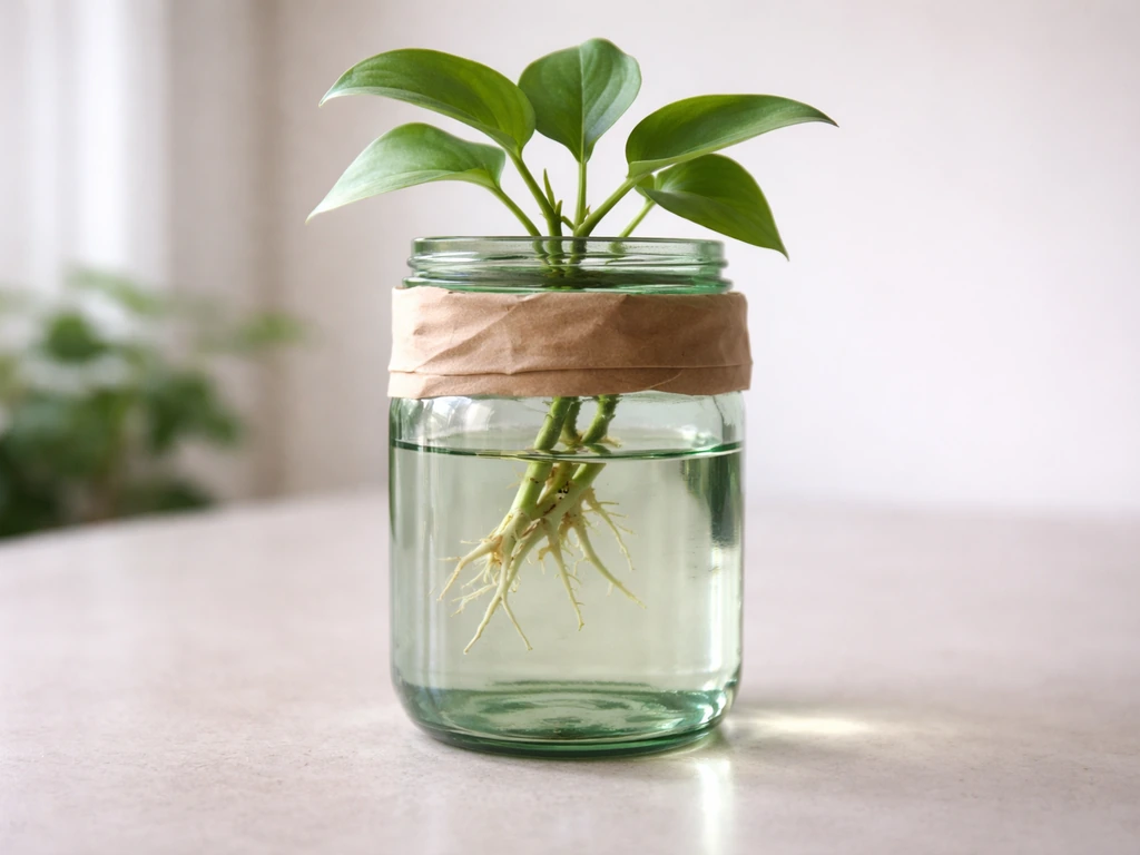 Green glass jar with a plant cutting rooted in water, leaves above the waterline, wrapped with brown paper.