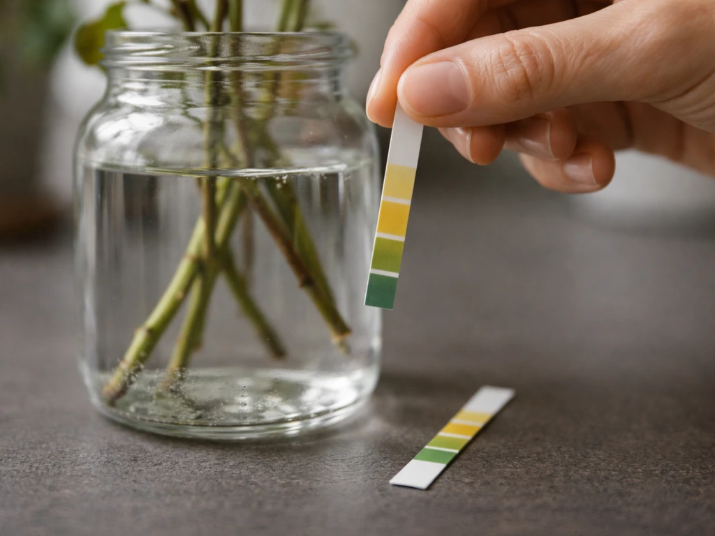 Close-up of a pH test strip dipped in a small clear cup of room-temperature water for plant cuttings.