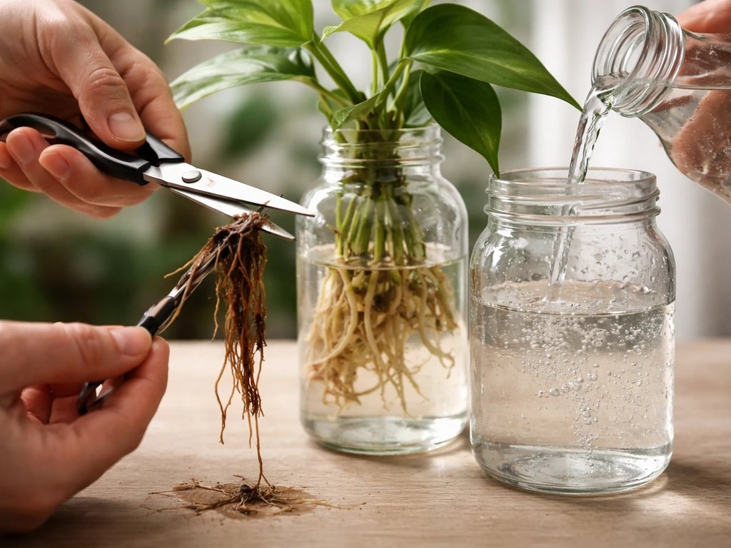 Hands trimming slimy brown plant roots over a small water jar, with fresh water being replaced.