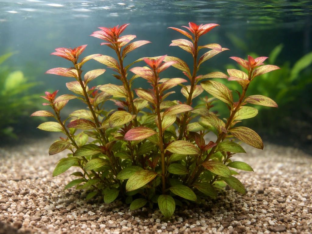 Healthy Ludwigia repens stems with red-tinted leaves thriving in a clear aquarium under bright lighting