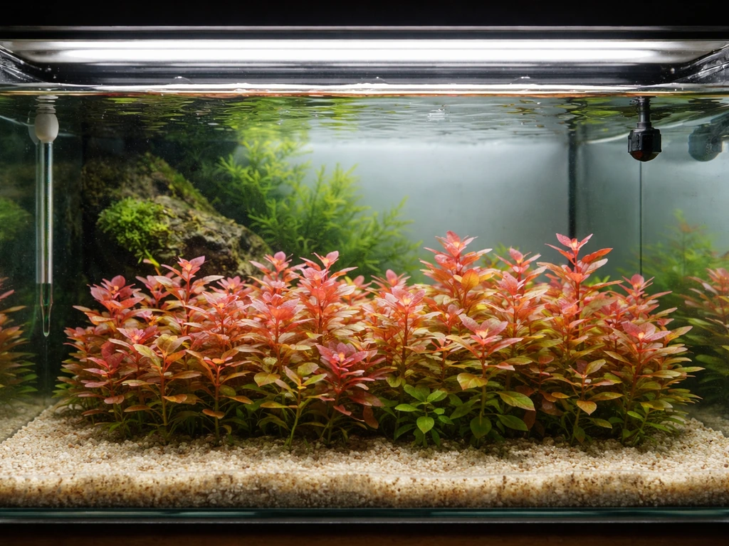 Ludwigia repens planted in a clean aquarium with visible light fixture and temperature monitoring probe.
