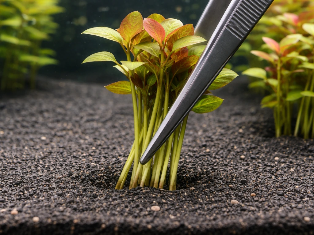 Ludwigia stems being inserted into aquarium substrate, lower leaves removed, close-up planting action