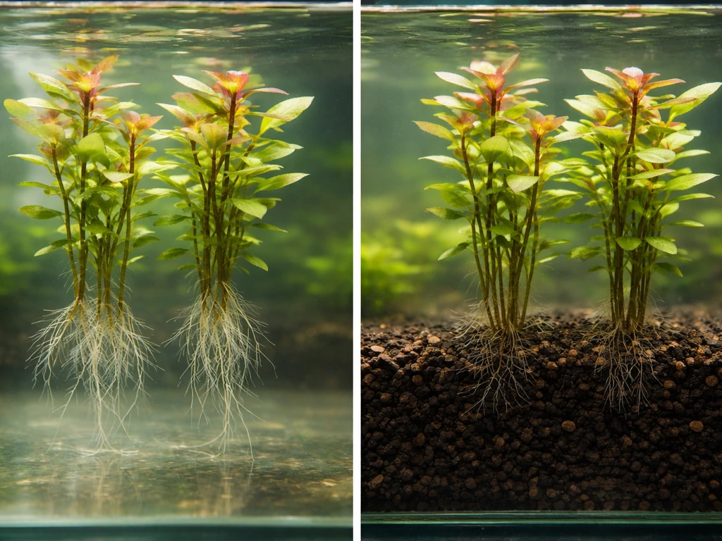 Split scene of Ludwigia stems in water vs roots anchored in nutrient-rich substrate for propagation.