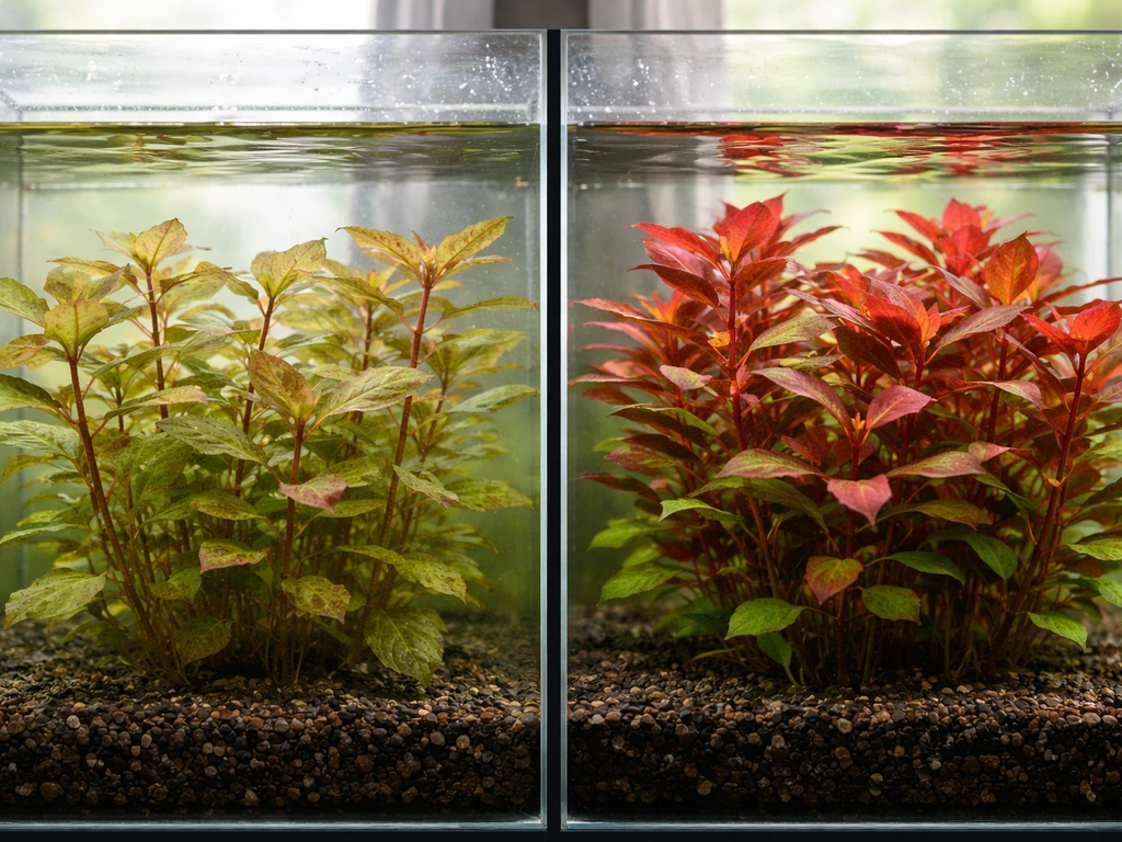 Side-by-side aquarium: pale faded Ludwigia on the left and vibrant healthy red Ludwigia on the right.