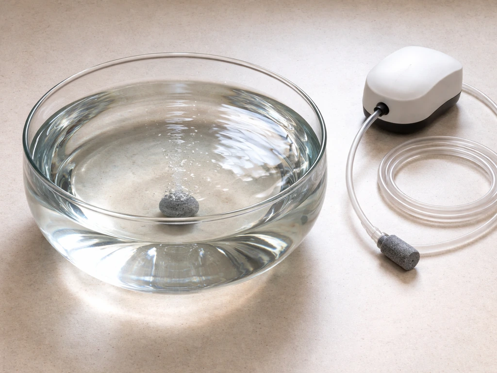Overhead view of a clear glass bowl with clear water, diffuse light, and visible airflow tubing nearby.