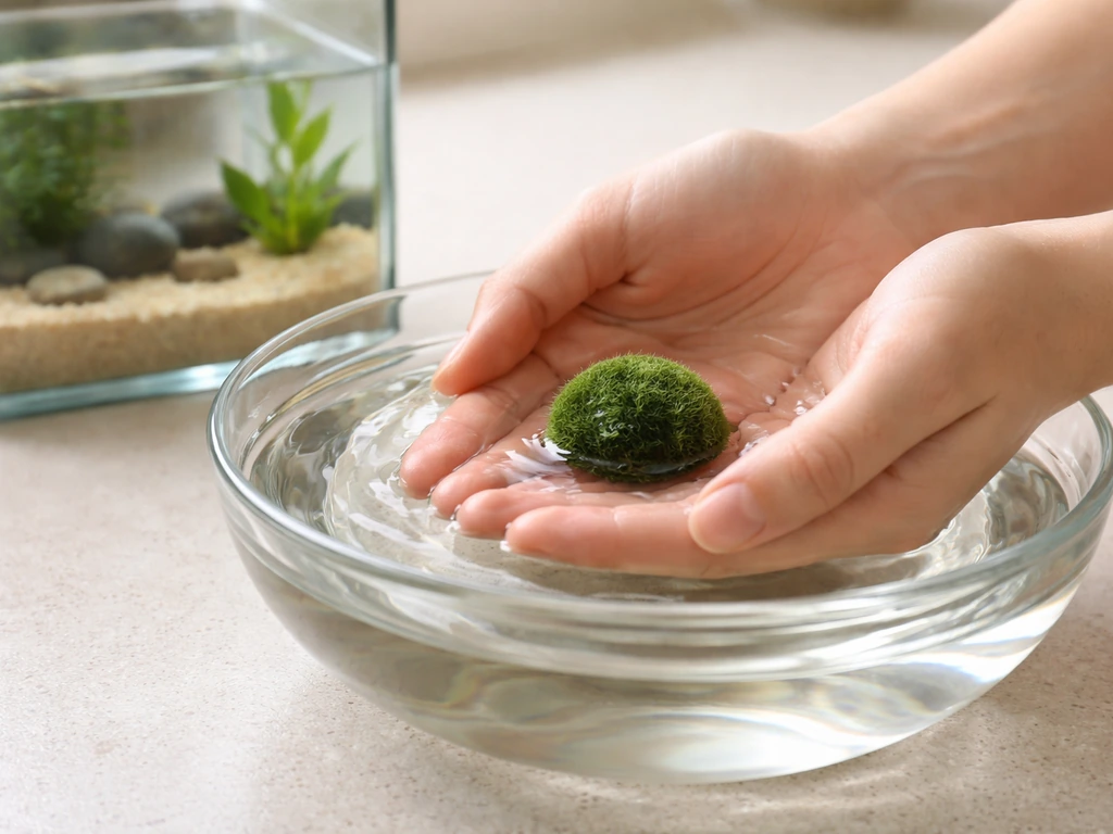 Hands gently rinse a small marimo ball in clear dechlorinated water, placing it near a glass container.