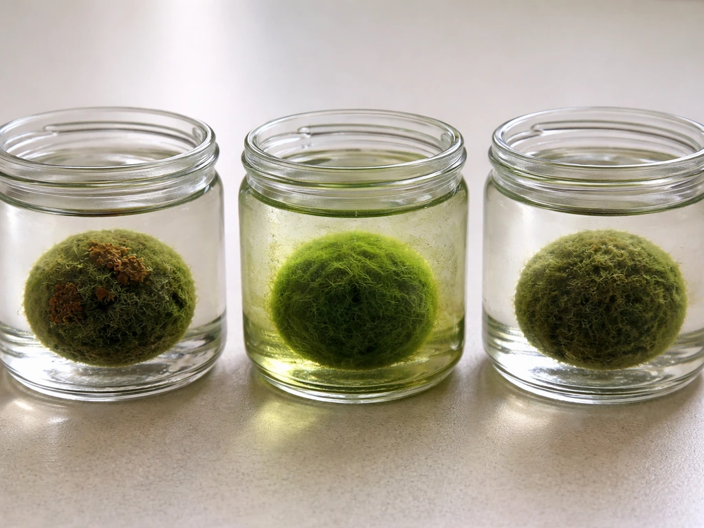Three marimo balls in separate glass containers showing brown patches, slime film, and splitting texture.