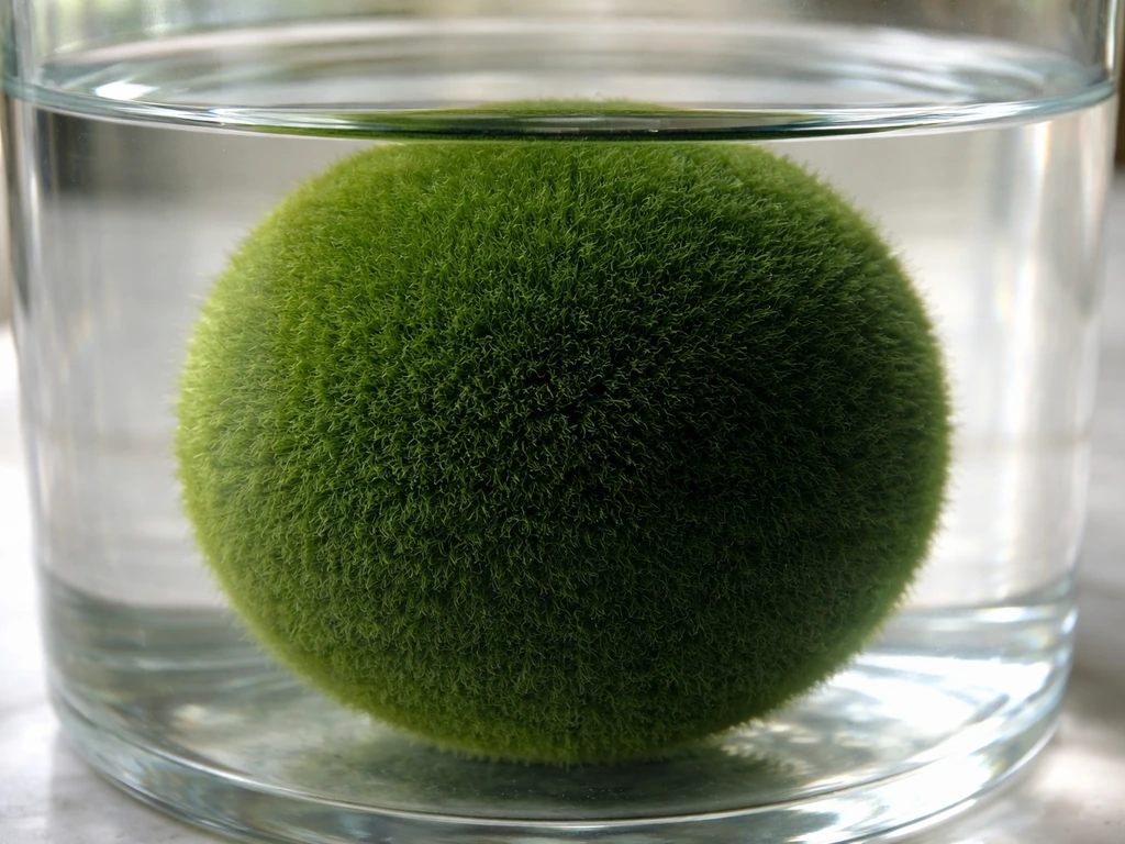 Single dark-to-medium green marimo ball with an even velvety texture in a clear glass container.