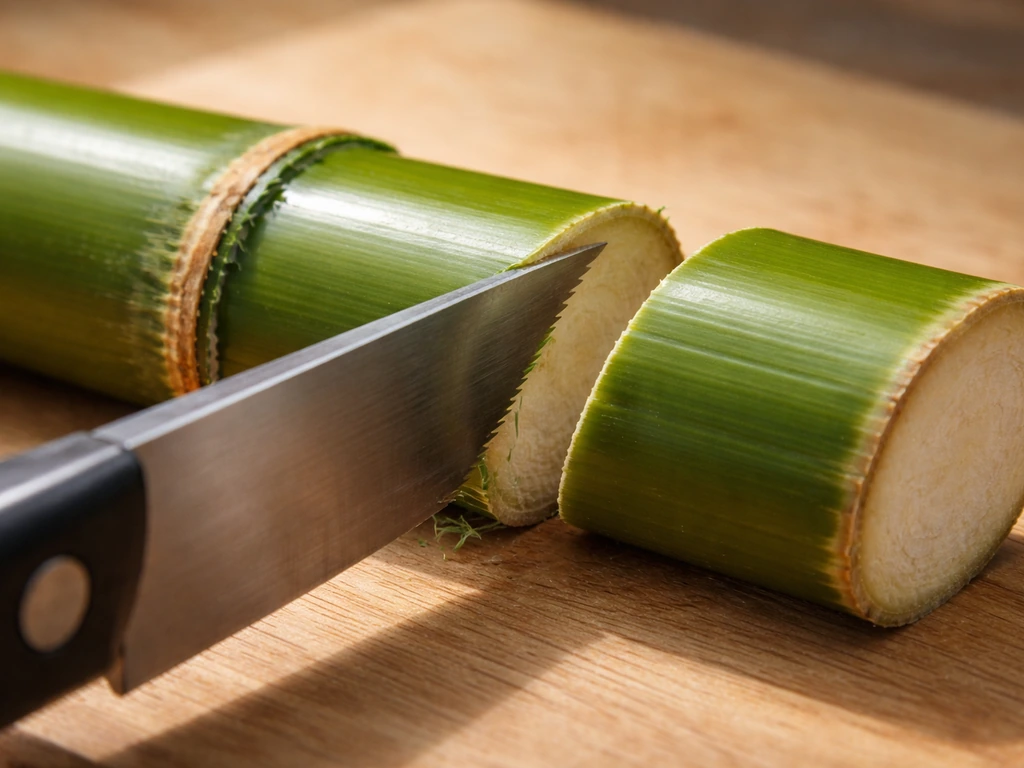 Close-up of a fresh bamboo culm being cleanly cut below a node with a sharp knife