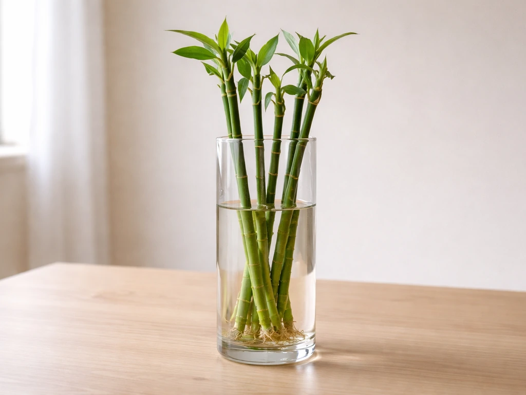 Tall clear glass with lucky bamboo cuttings, lower nodes submerged in clean water on a table.